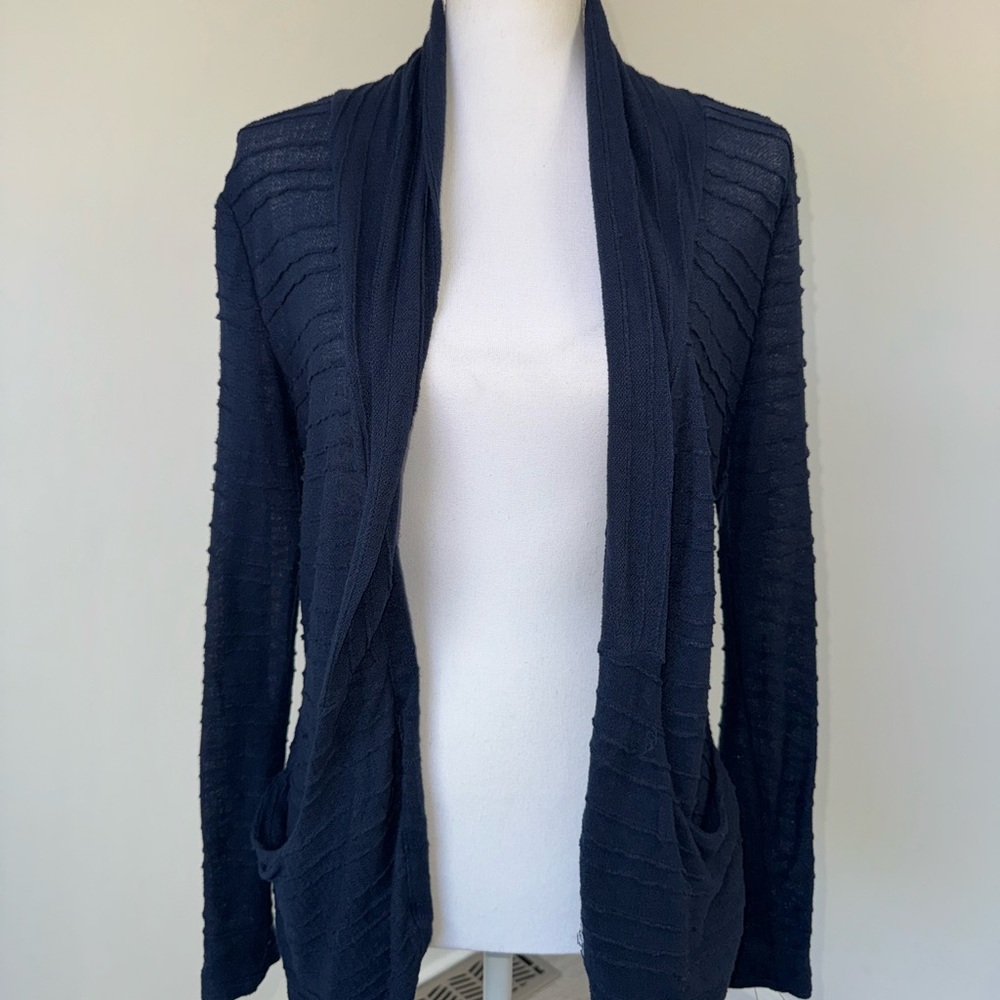 Self Esteem Navy Blue Textured Open Front Cardigan Women’s Medium Pockets‎ Flaws